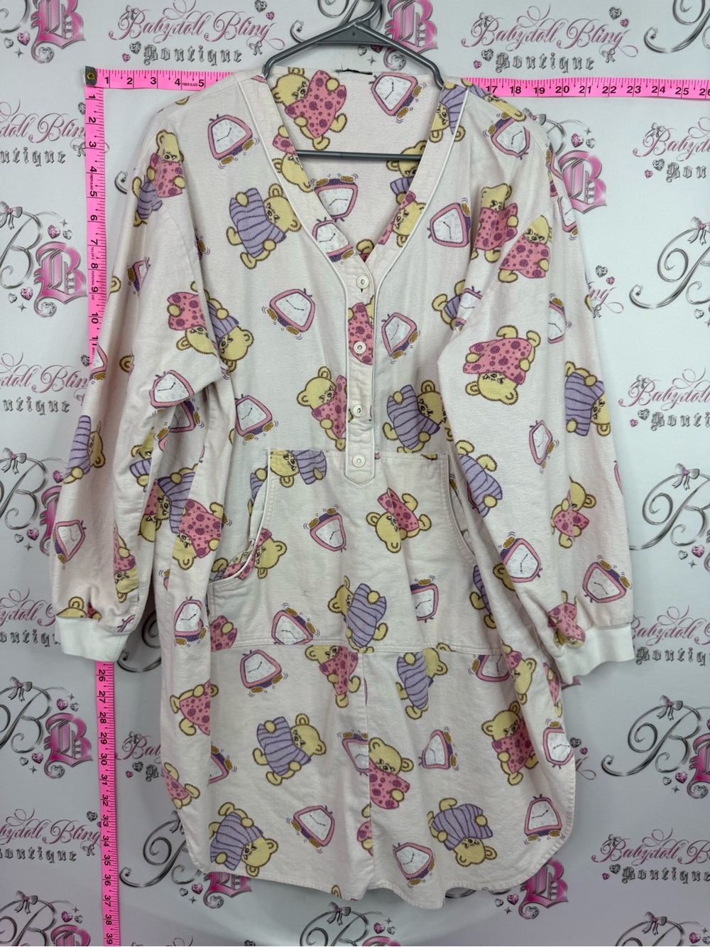 Cozy Bear Print Henley Nightshirt in Cream, Pink & Purple